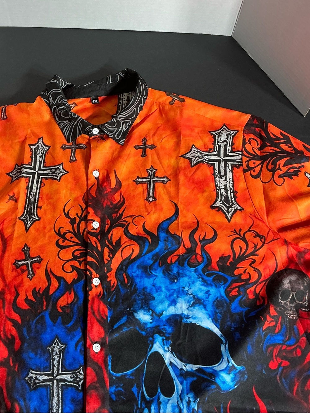 Graphic Flame & Skull Button-Up Shirt - Blue & Orange